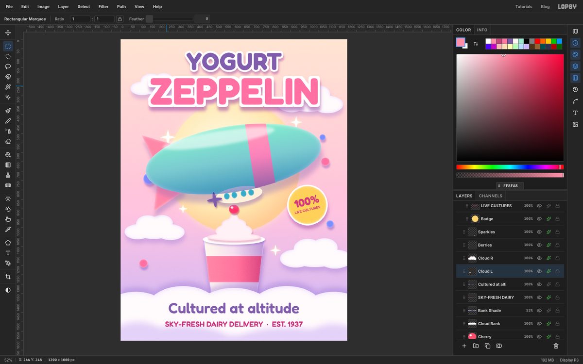 Lopsy showing the finished Yogurt Zeppelin claymorphism poster, a mint clay blimp with a pink band floating over a yogurt cup, with the Layers panel open