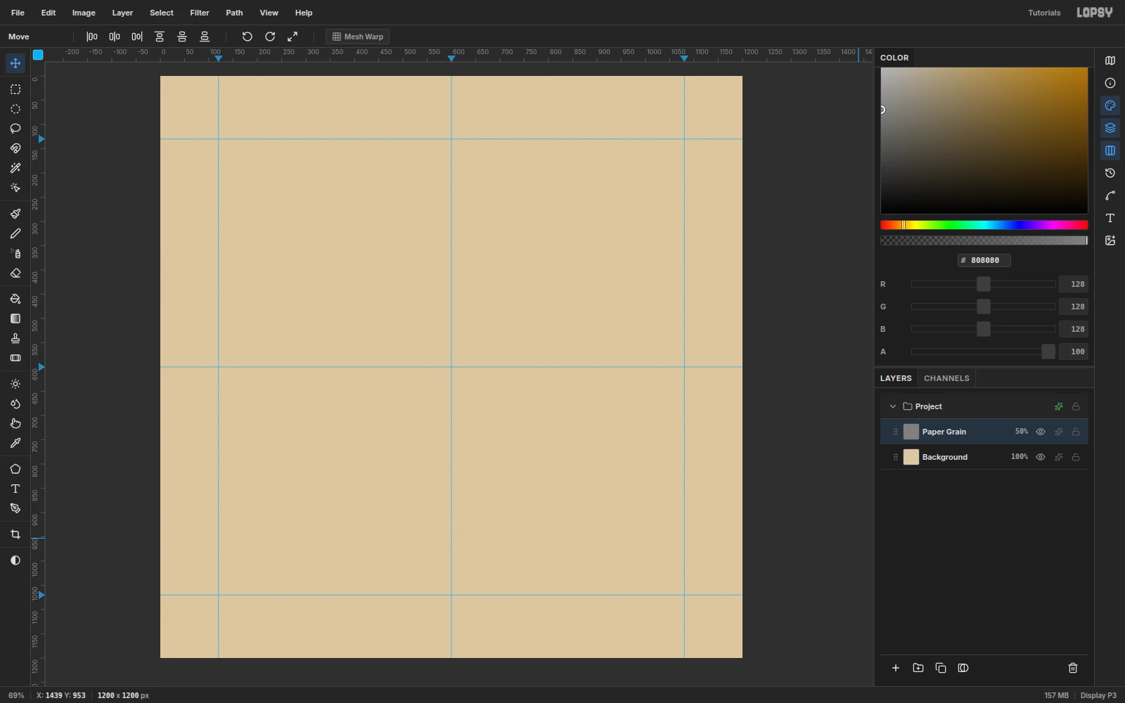 A blank kraft-colored 1200 by 1200 canvas with blue guides at 120, 600 and 1080 across and at 130, 600 and 1070 down, and a Paper Grain layer at 50 percent in the Layers panel