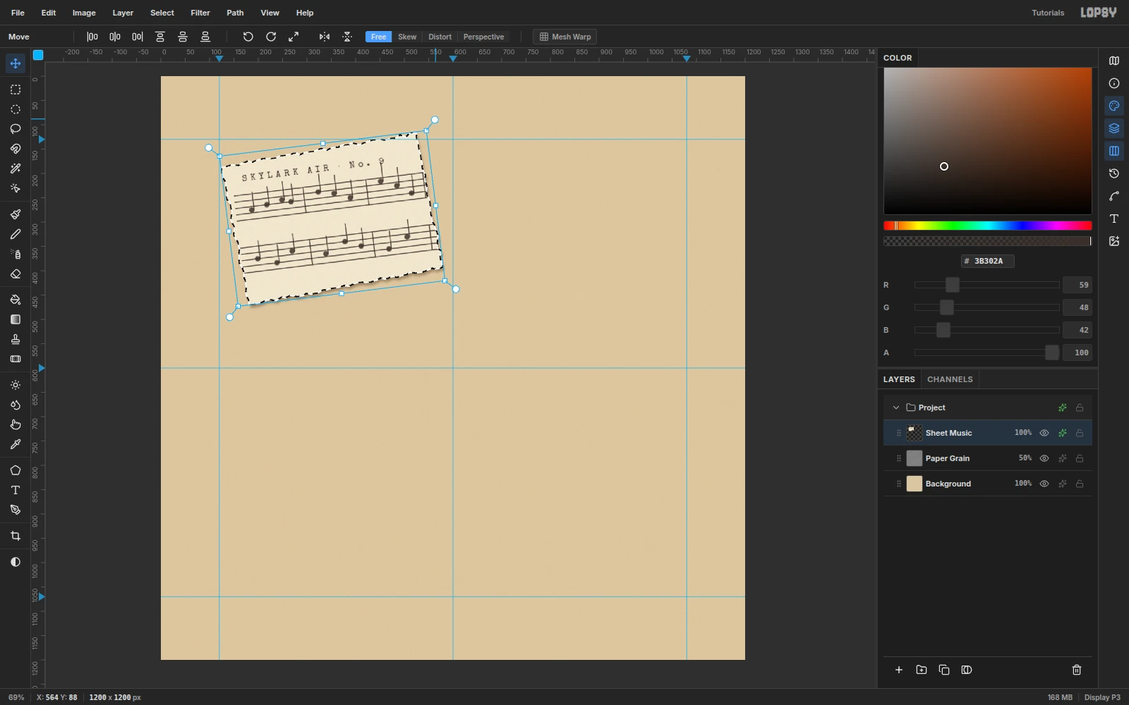 The sheet music scrap rotated a few degrees counter-clockwise, with marching ants and rotation handles around it