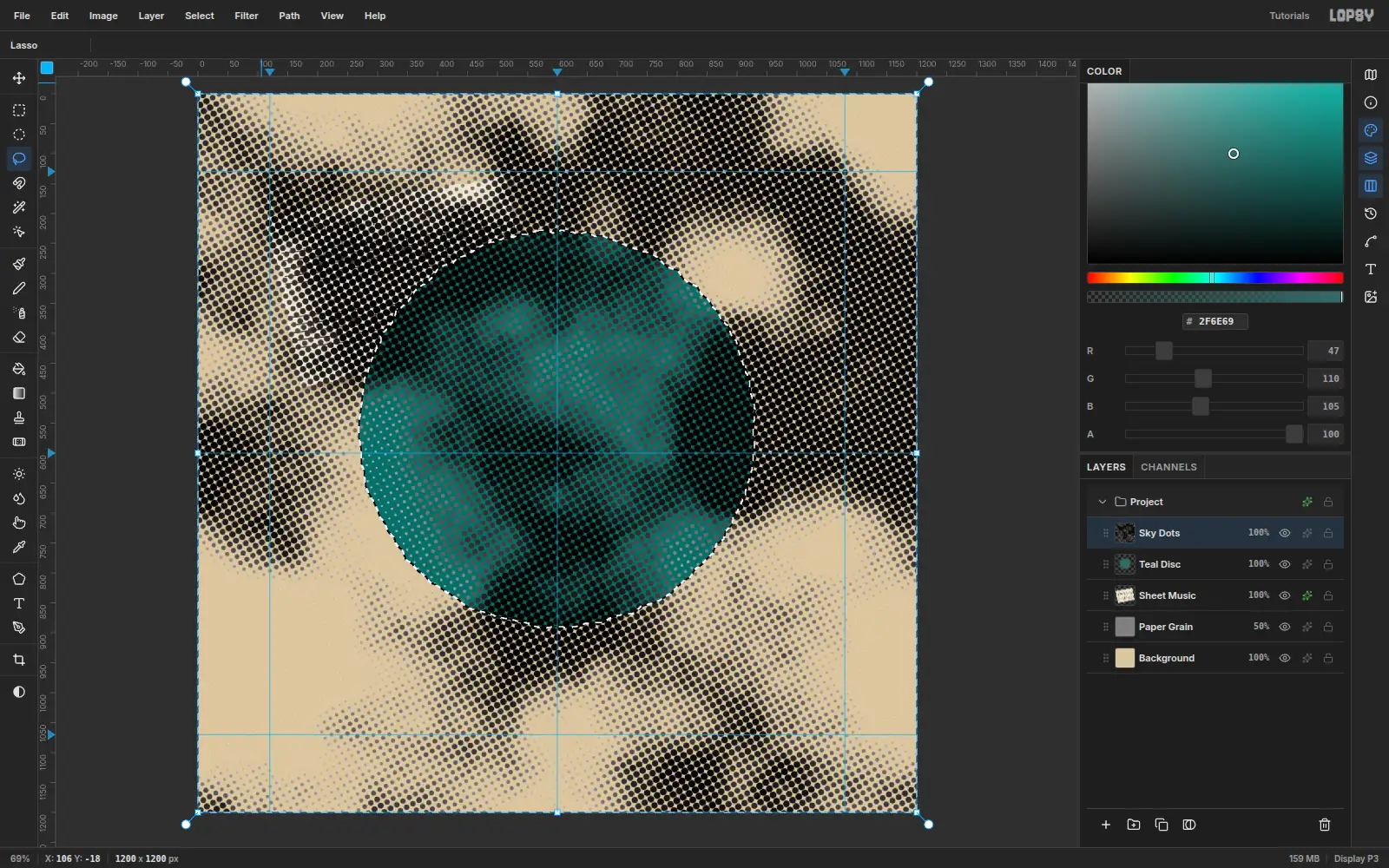 A Clouds and Halftone layer covering the canvas with everything except the teal disc selected