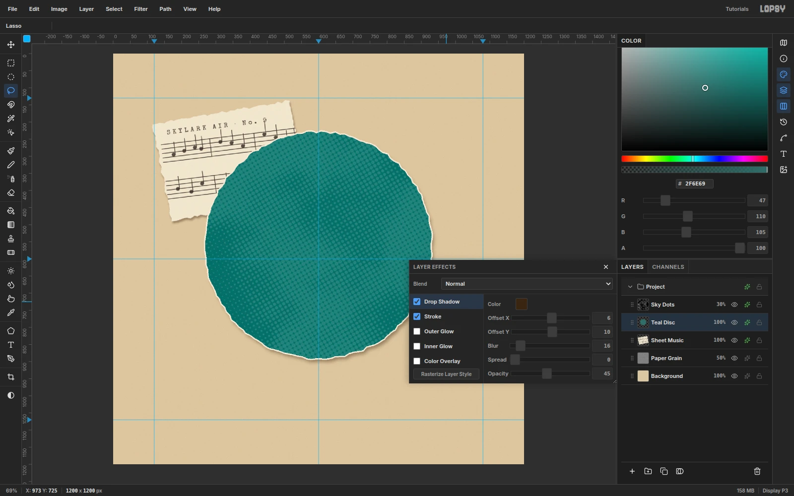 The teal disc with a thin cream outline and a soft brown drop shadow, with the Layer Effects drawer open