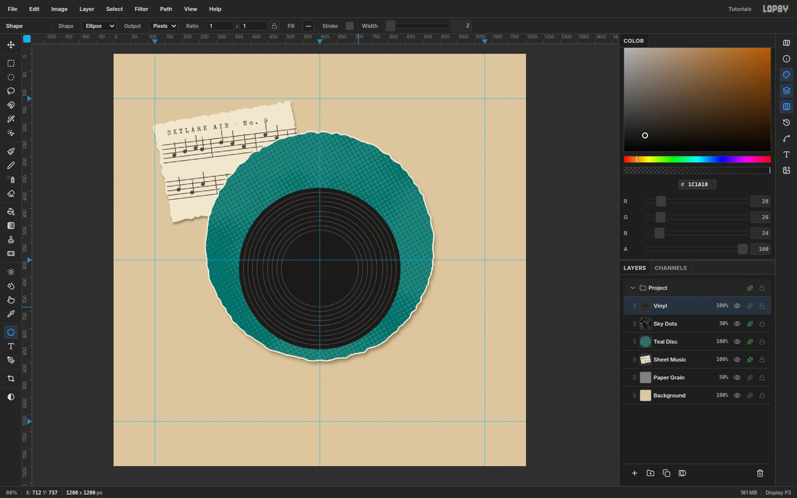 A black disc centered low on the teal disc with nine thin gray concentric grooves