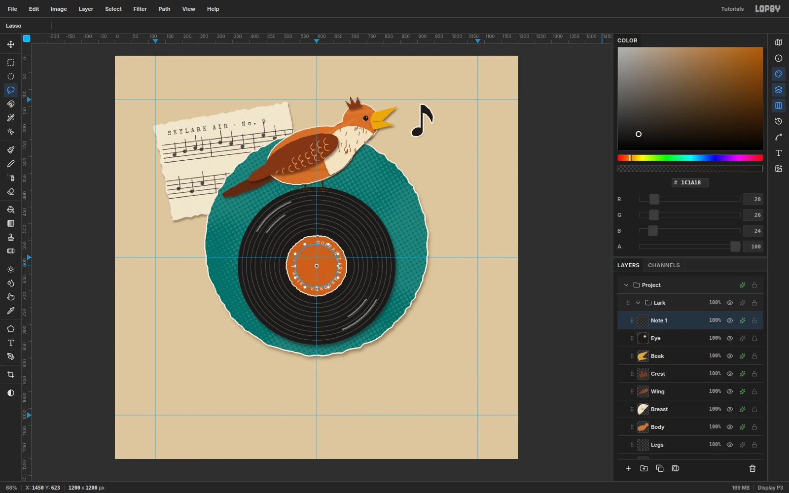 A single black eighth note with a cream outline floating to the right of the singing lark