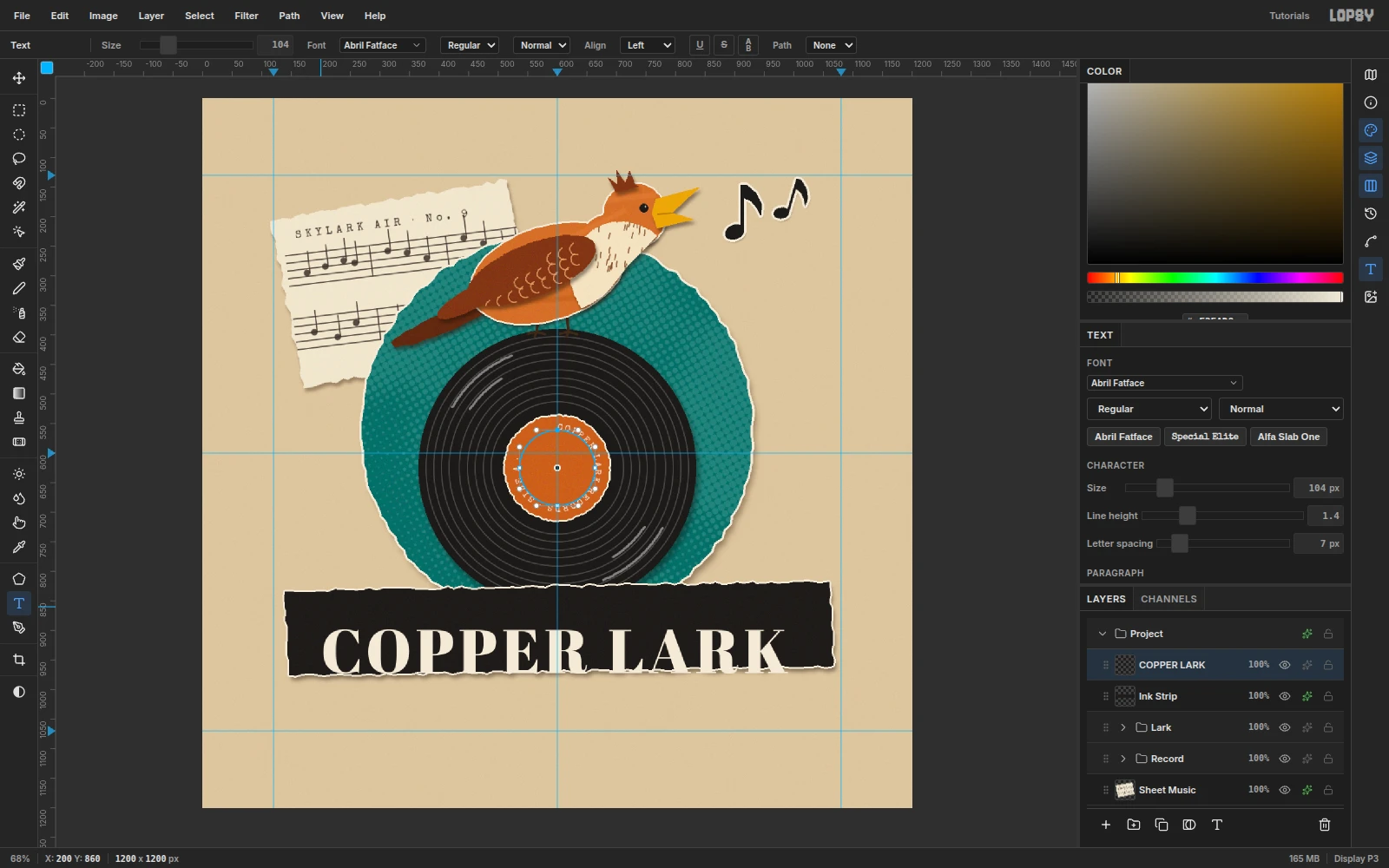 COPPER LARK in large cream Abril Fatface capitals on the black strip, with the Text panel showing 7 px letter spacing