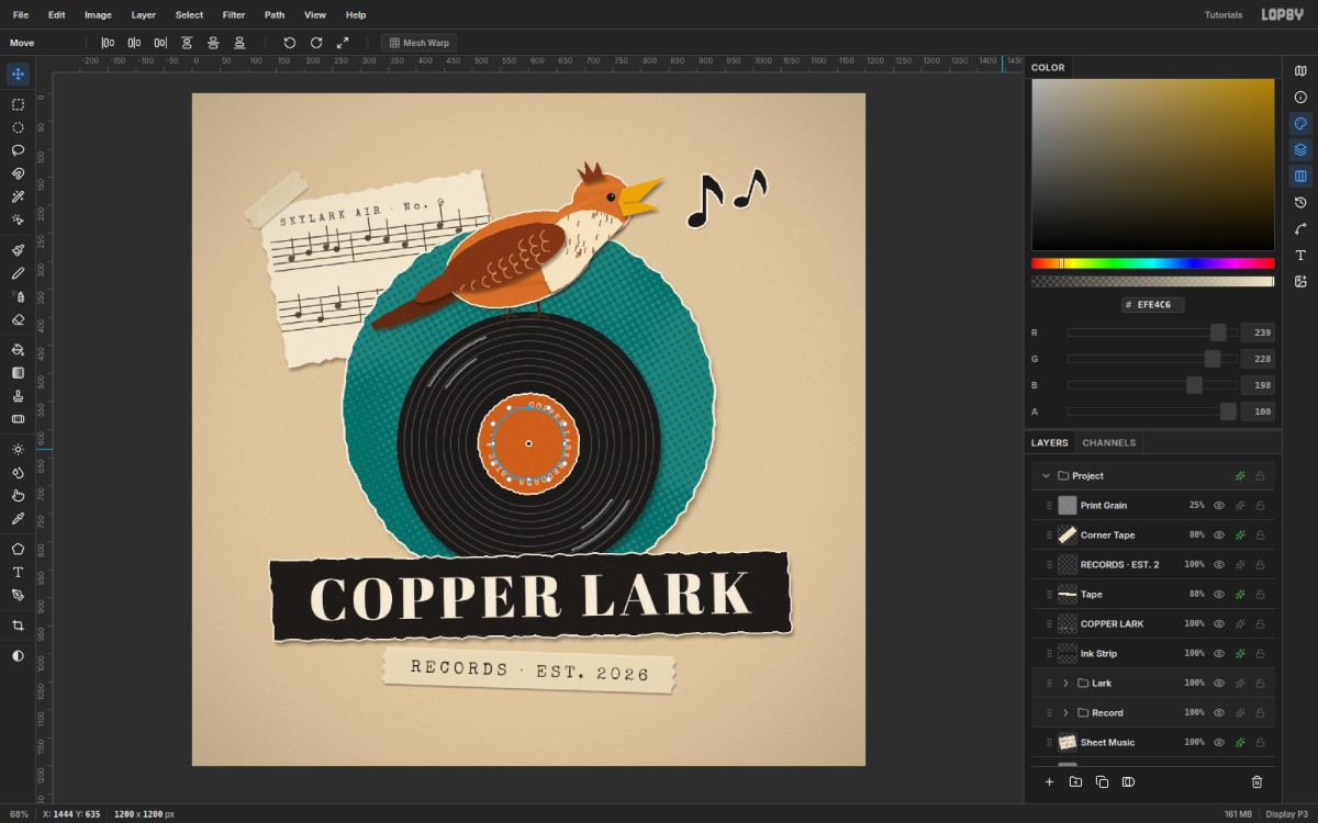 Lopsy with the finished Copper Lark Records collage logo on the canvas and the Print Grain, tape, wordmark, Ink Strip, Lark and Record layers in the Layers panel