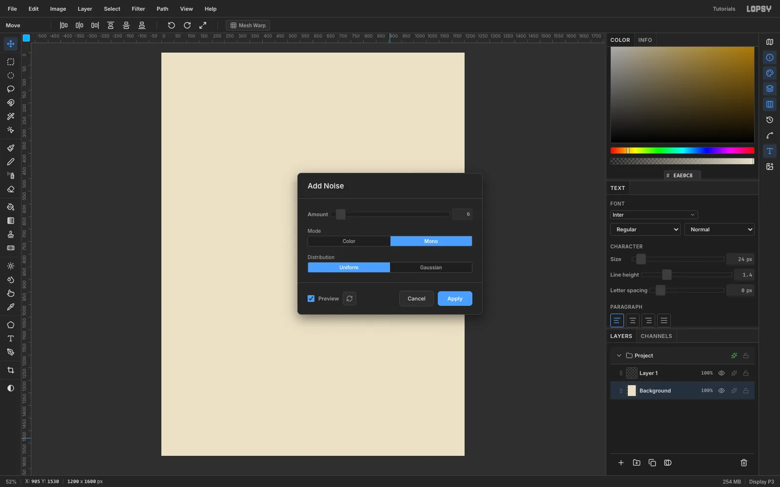 The Add Noise dialog set to Mono, Amount 6, over a cream 1200 by 1600 document