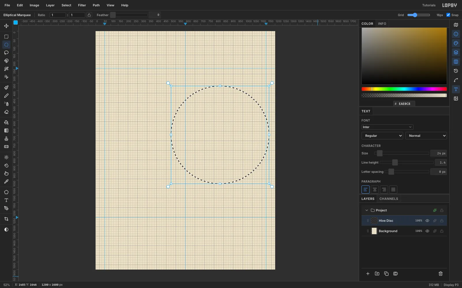 An elliptical marquee snapped to the grid, 656 px wide, on the right side of the page