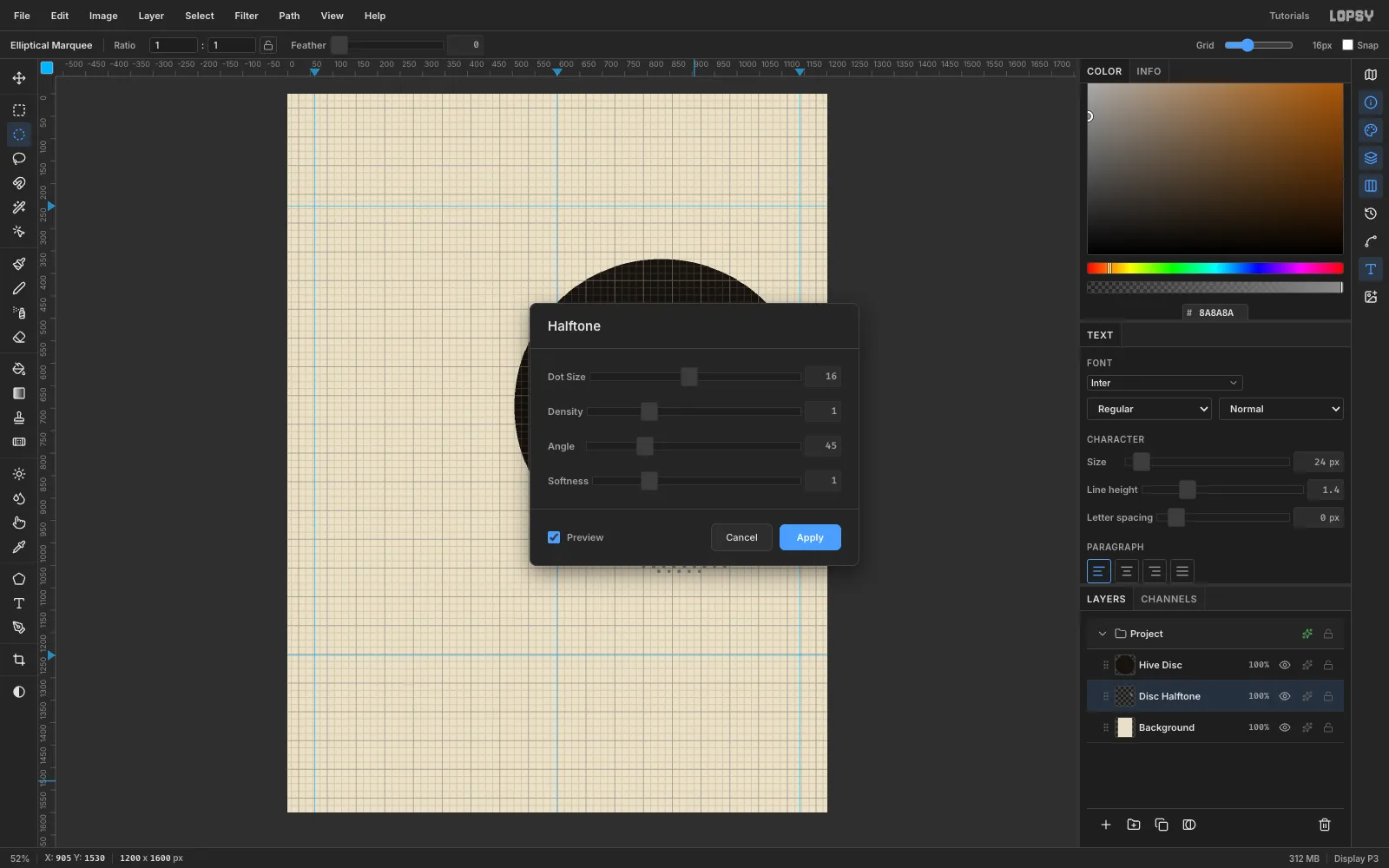 The Halftone dialog with Dot Size 16, Density 1, Angle 45 and Softness 1 over a grey circle behind the black disc