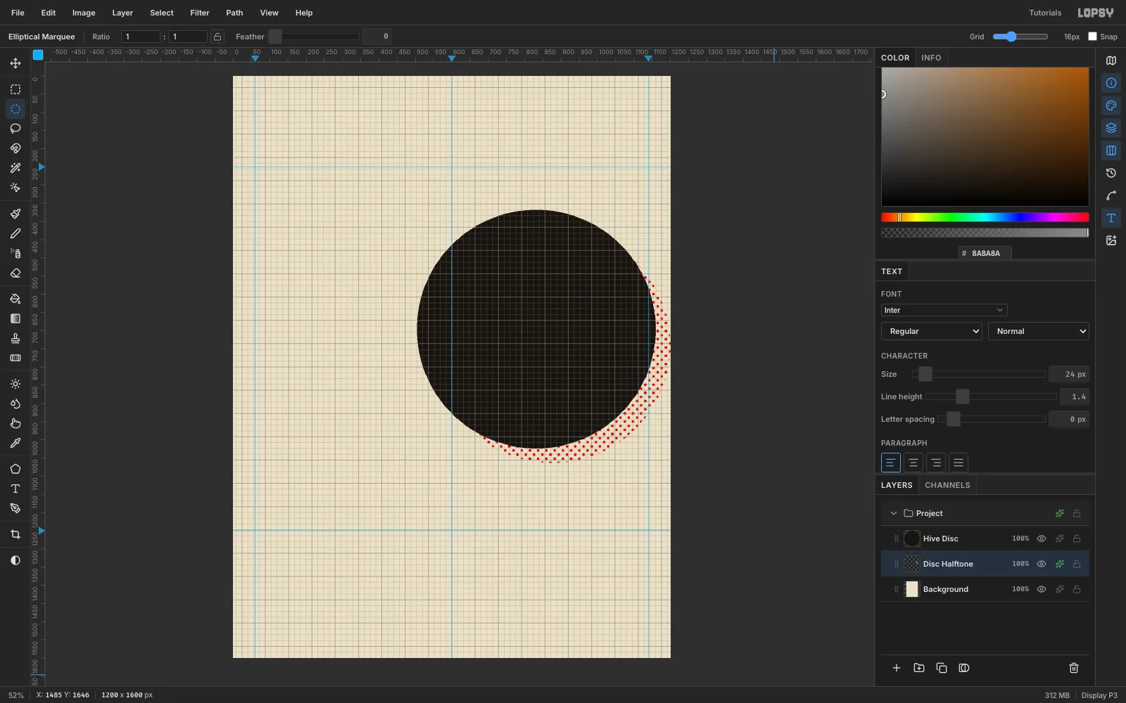 A crescent of red halftone dots peeking out from behind the lower right of the black disc