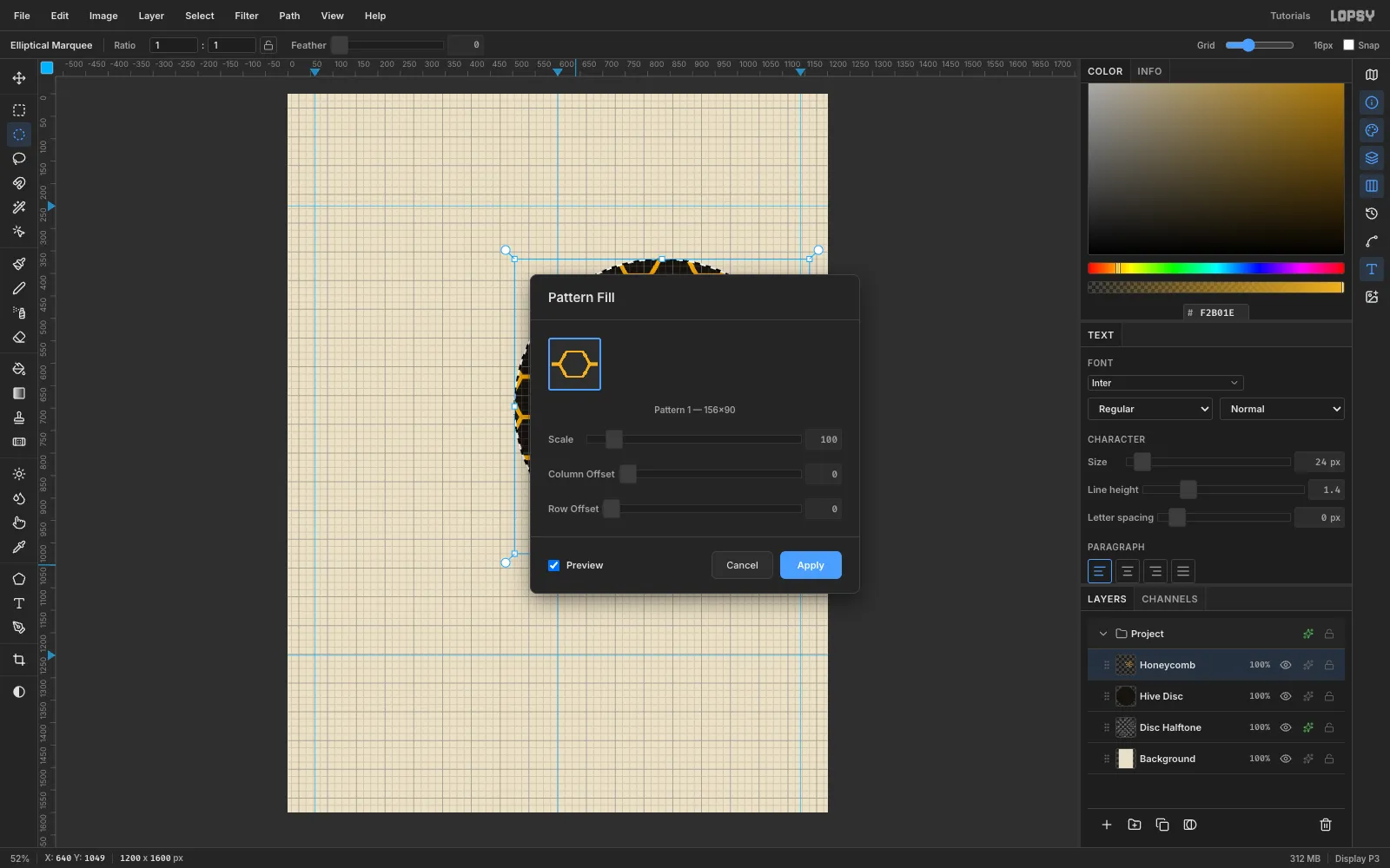 The Pattern Fill dialog showing the hexagon pattern thumbnail at Scale 100 while the preview fills the disc