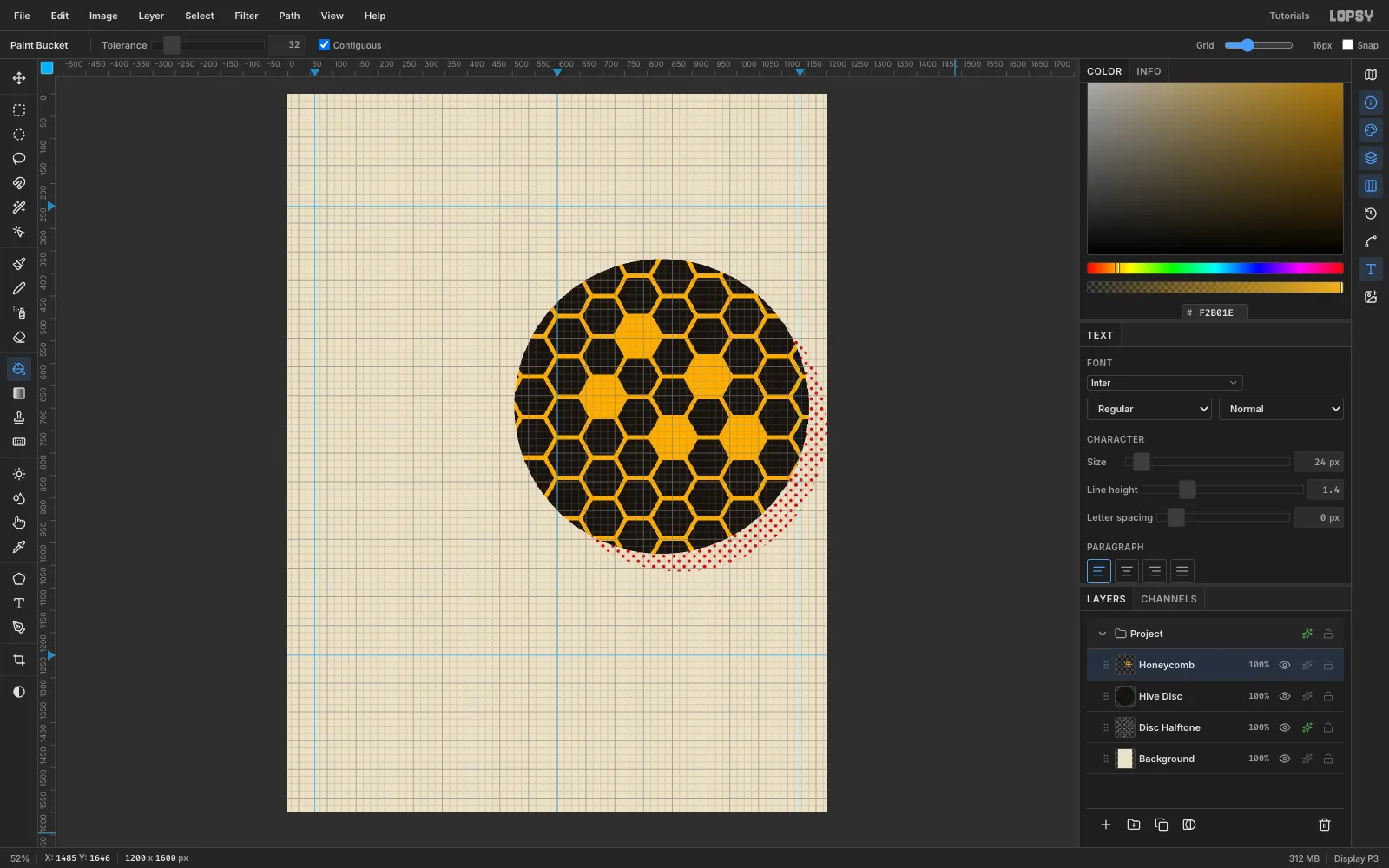 Five solid ochre hexagons scattered through the black honeycomb disc