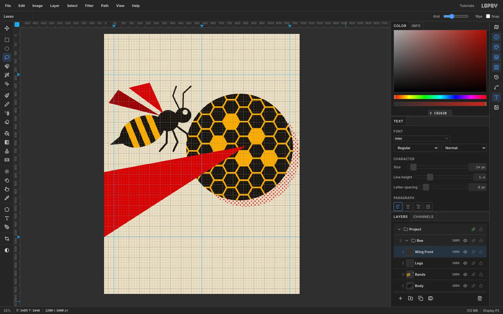 The finished geometric bee with three ochre bands, angular black legs and antennae, and a bright red triangle front wing