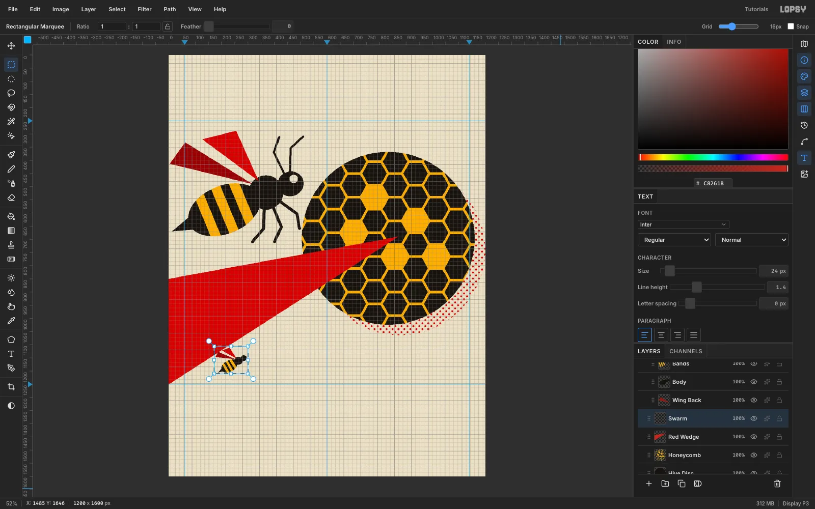 A marquee around a small copy of the bee drawn in the empty space below the red wedge