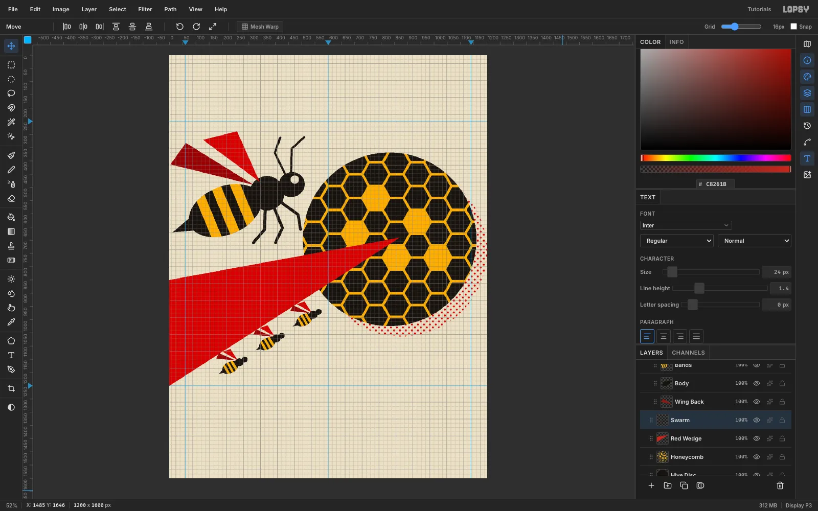Three small bees lined up under the red wedge, heading toward the hive