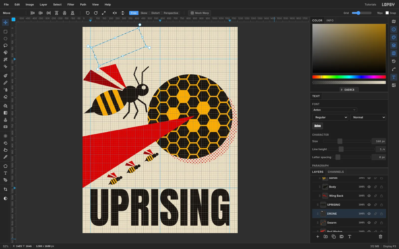 A rotated transform box around cream DRONE text near the top of the page, turned about 22 degrees counter-clockwise