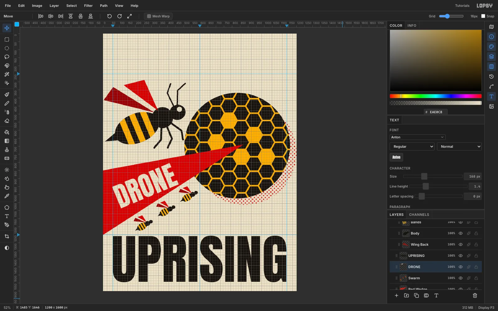 Cream DRONE lying along the red wedge, its letters tilted to follow the wedge toward the hive