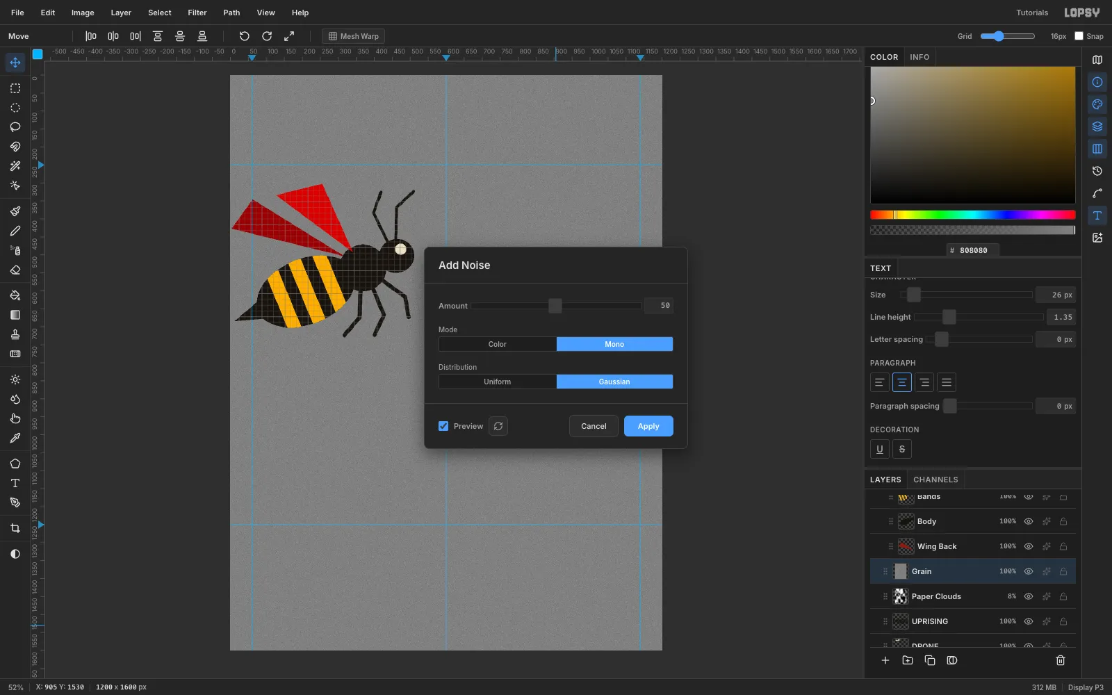 The Add Noise dialog at Amount 50, Mono and Gaussian over a mid-grey layer