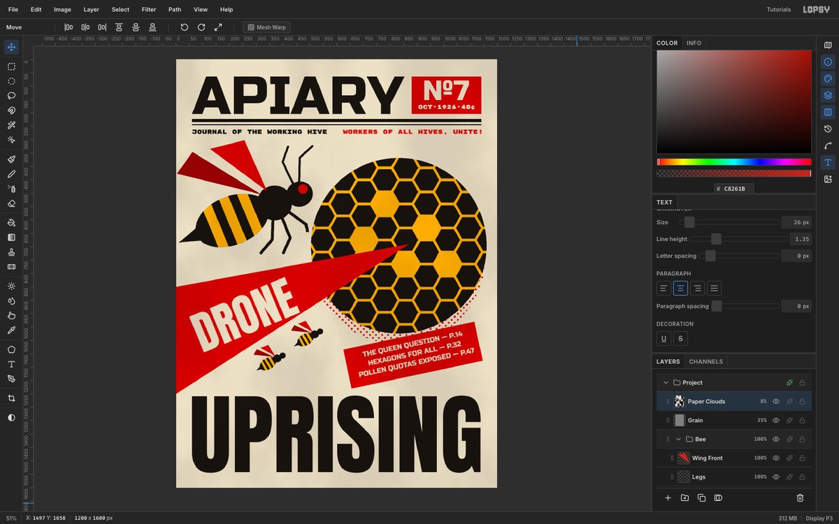 Lopsy showing the finished APIARY magazine cover, with a red wedge carrying cream DRONE type into a black honeycomb disc, a black and ochre bee with red triangle wings, two small bees, a tilted red coverline slab and a huge black UPRISING headline