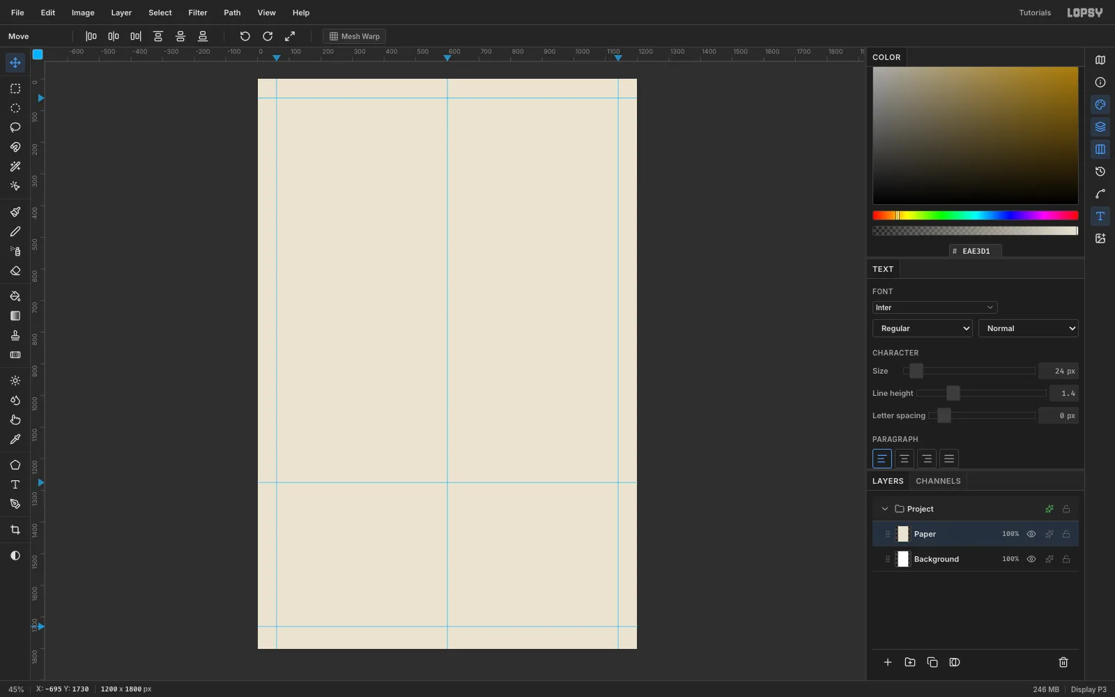 A blank 1200 by 1800 cream document with blue guides at the 60 px margins, the centre line and the top of the menu area