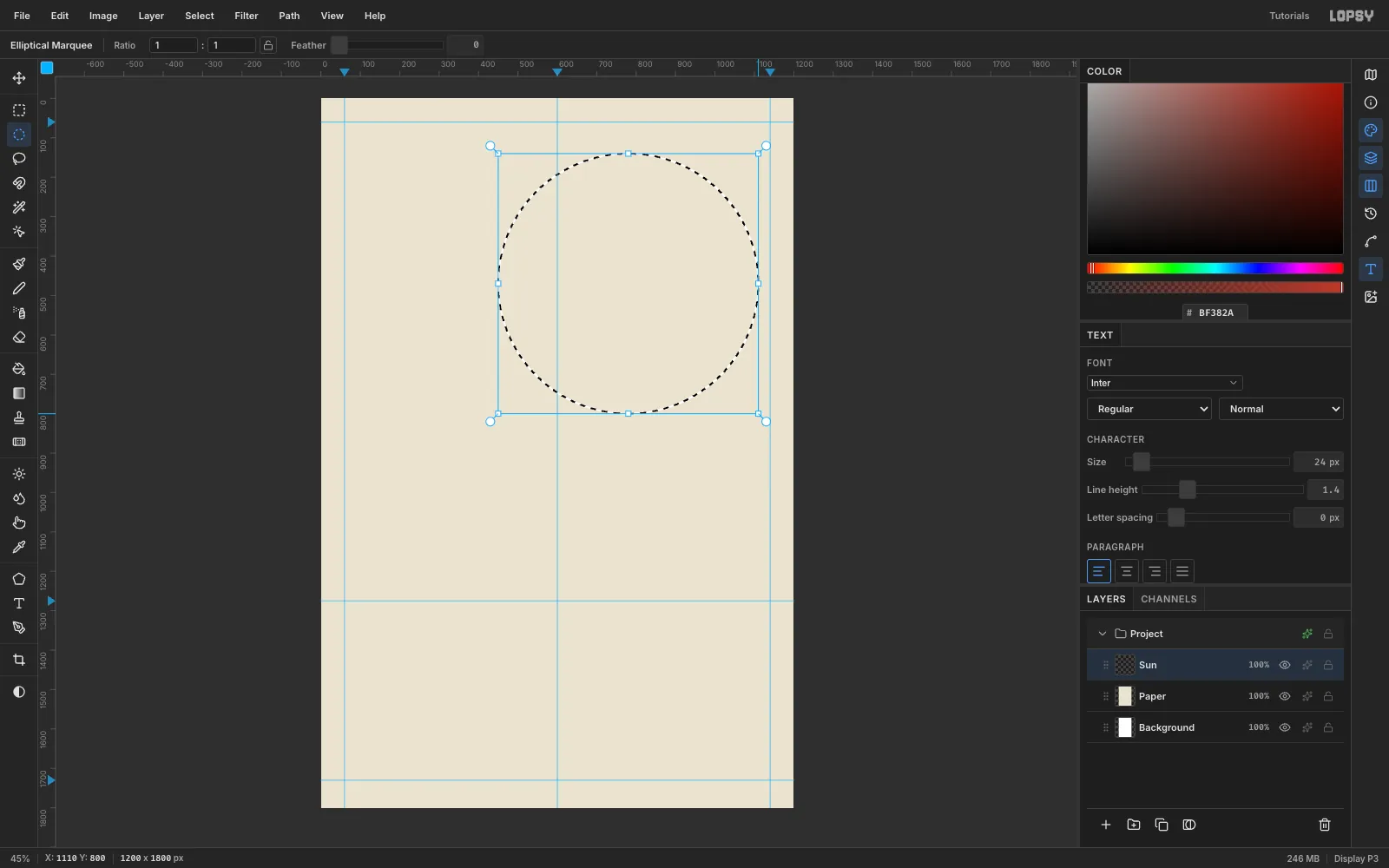 An elliptical marquee drawn as a 660 px circle in the upper right of the cream page, centred on the 600 guide's right side