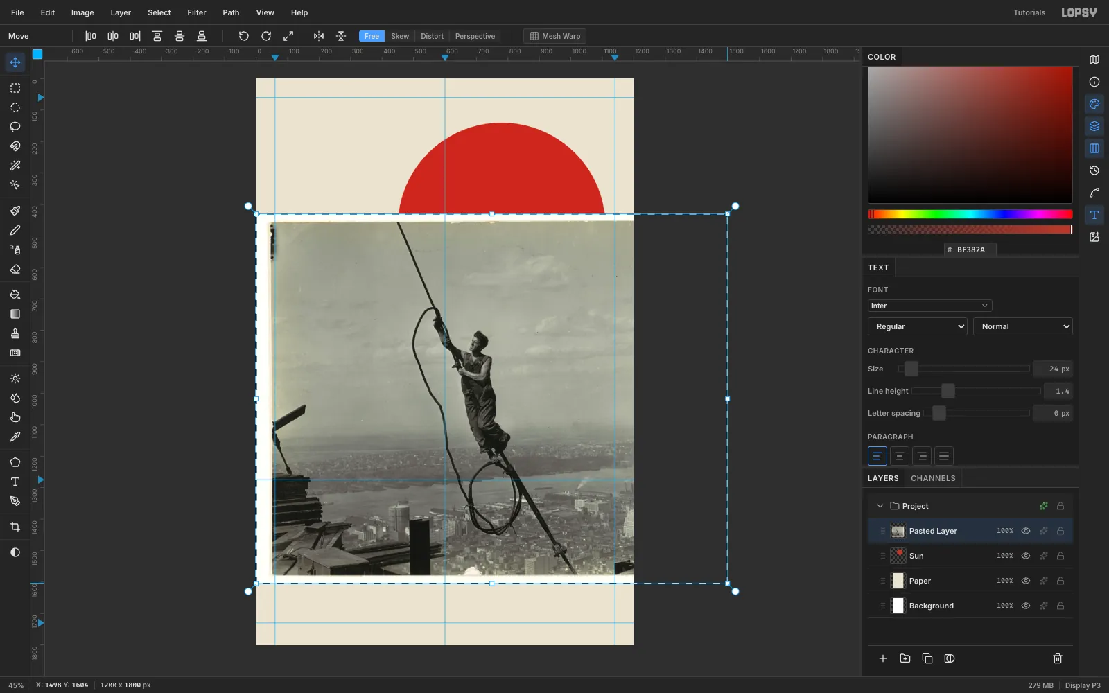 The Hine photo pasted over the sun inside a live transform box, being enlarged from its bottom-right corner so it runs past the right edge of the canvas