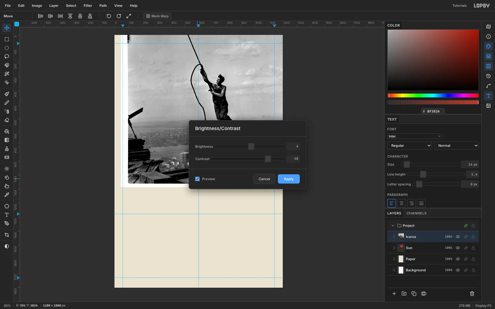 The Brightness/Contrast dialog open with Brightness 4 and Contrast 58 and Preview on, showing the grey photo with deep blacks