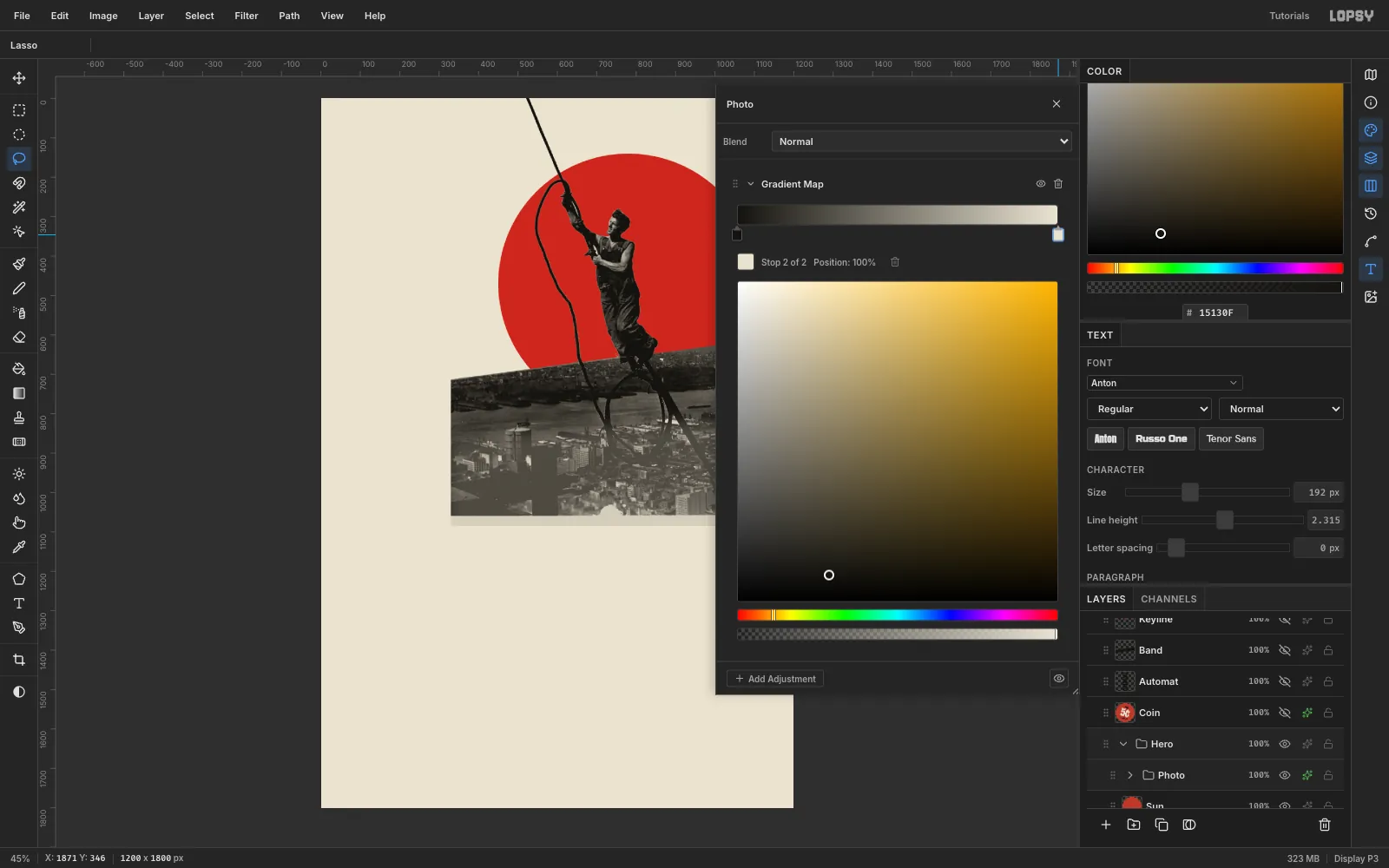 The Photo group's adjustment drawer with a Gradient Map running from near-black ink to cream paper, and the photo on the canvas now warm black and cream