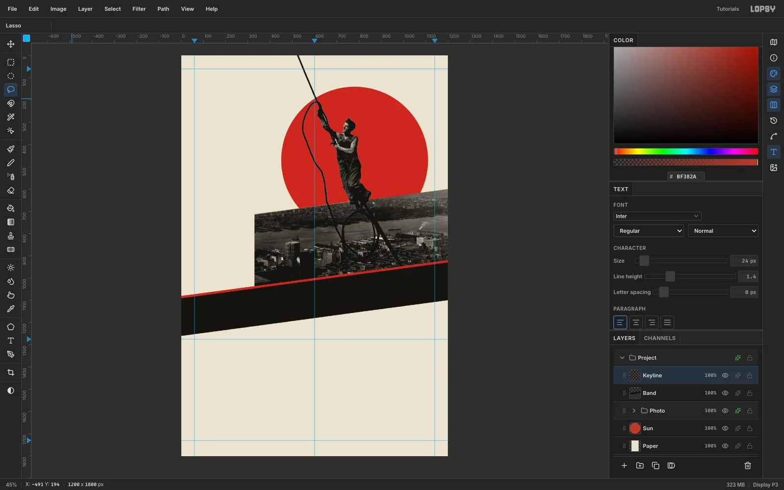 A thick black band crossing the page at a rising diagonal below the city, with a thin red stripe along its top edge
