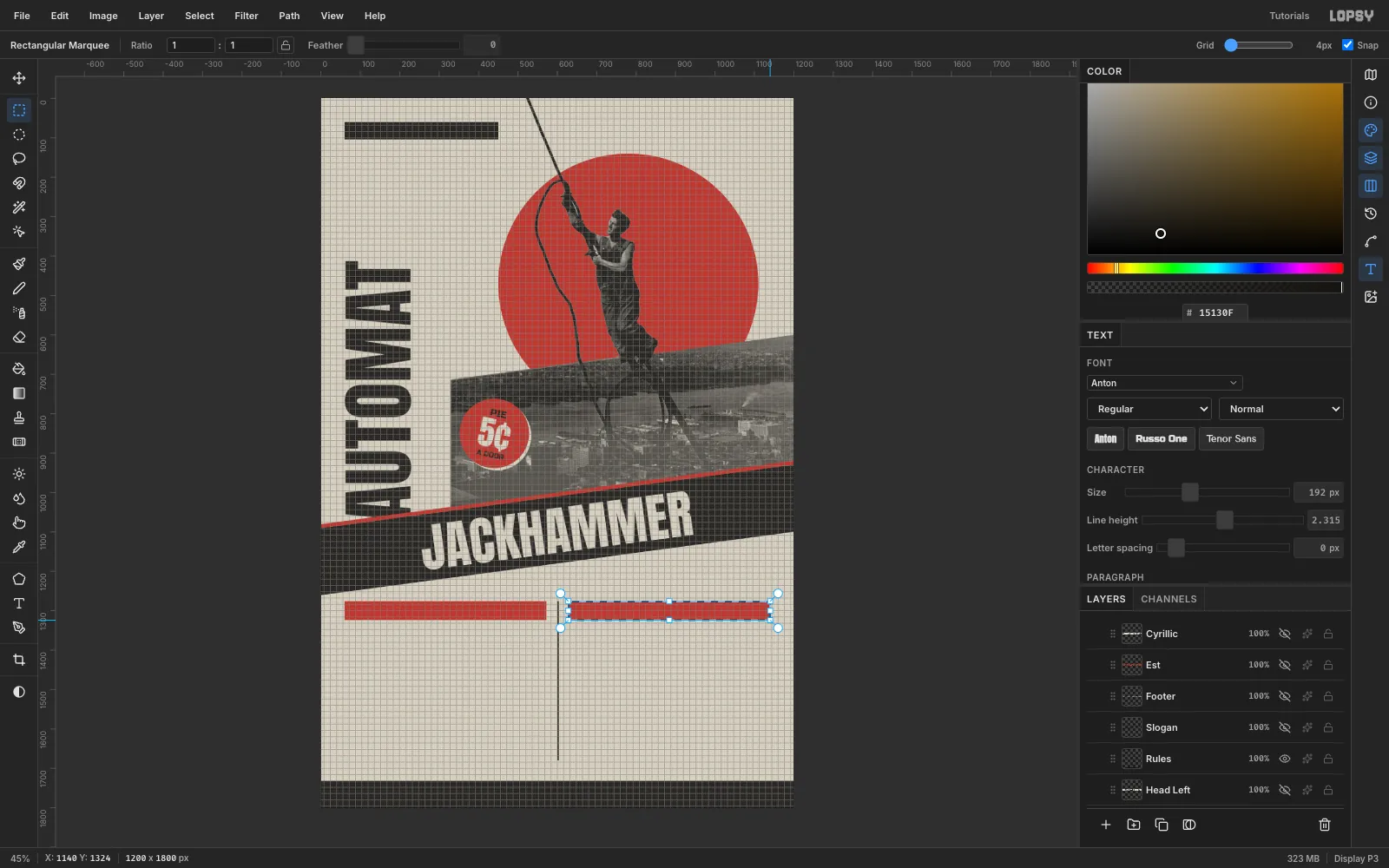 The page with the 4 px grid showing and Snap on, a marquee snapped over the right-hand red header bar, the second header bar, the column rule, the footer bar and the nameplate bar already in place