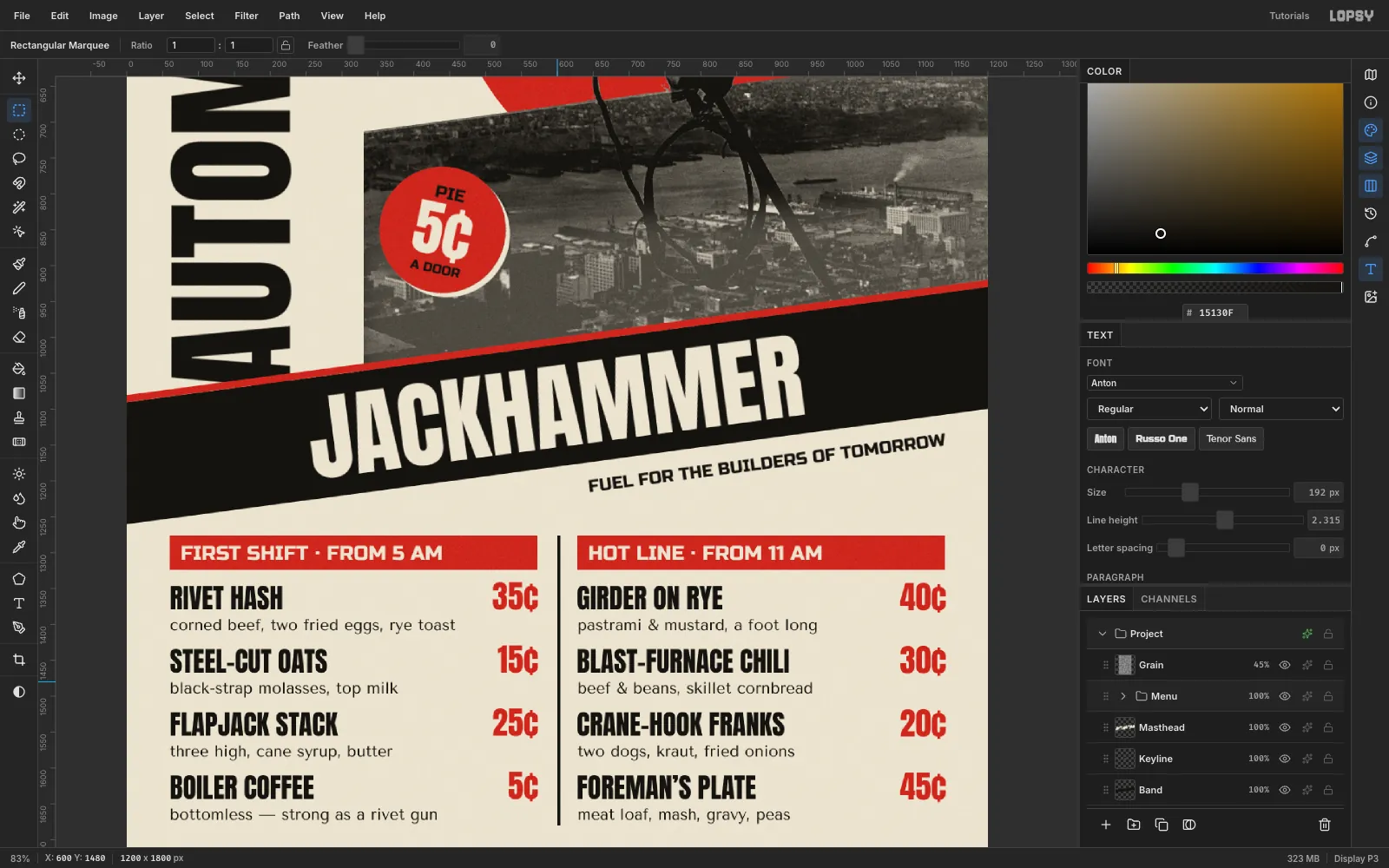 A close zoom of the two menu columns: Anton dish names, Tenor Sans descriptions beneath each, and right-aligned red prices whose cent signs line up