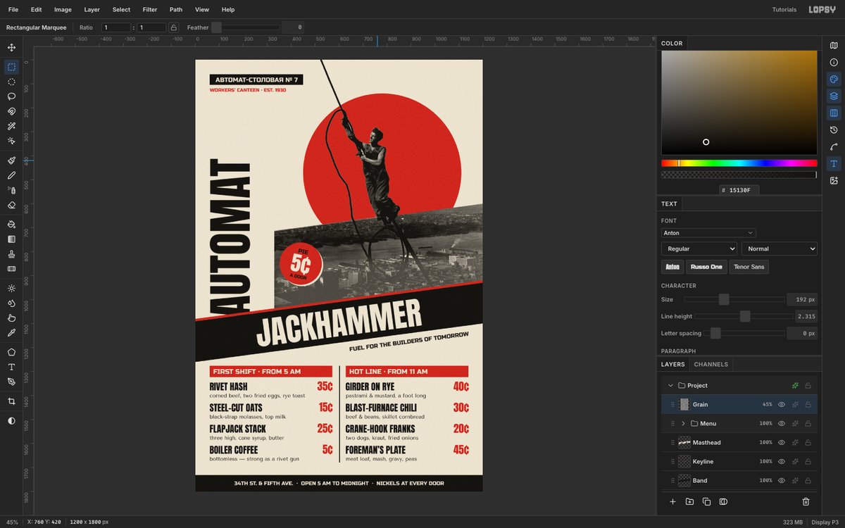 Lopsy editing the finished Jackhammer Automat menu, with a cutout steelworker hanging from a cable in front of a red sun, a black diagonal JACKHAMMER band, a vertical AUTOMAT and two columns of dishes and prices