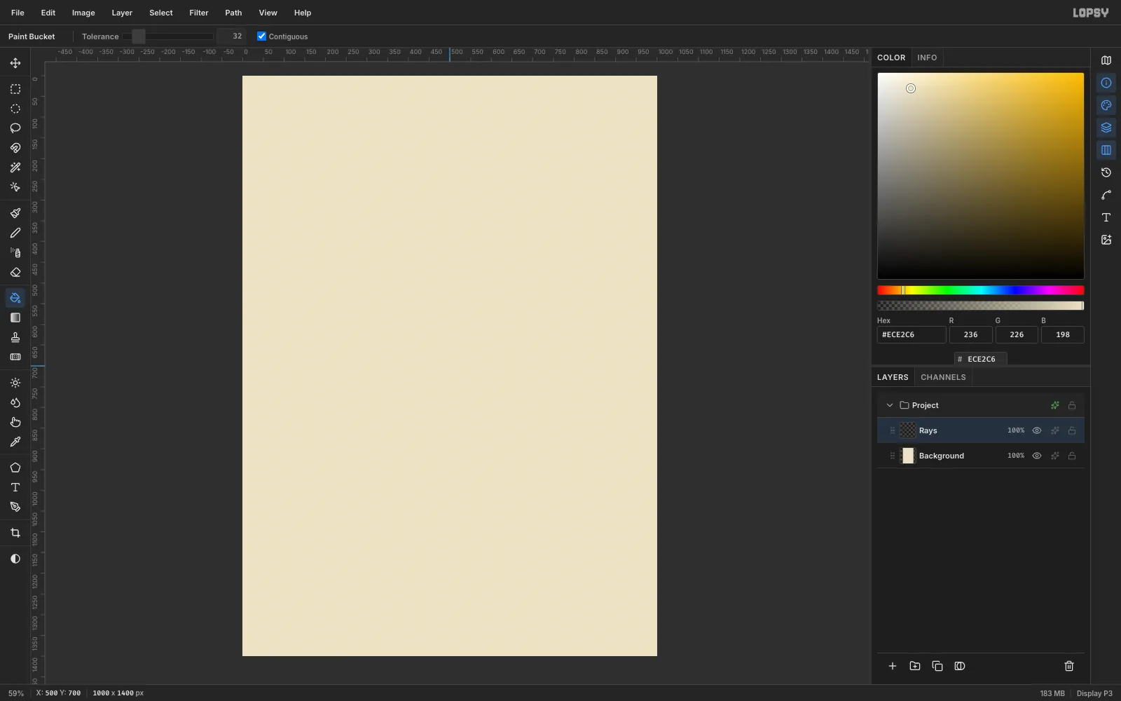 A blank 1000 by 1400 pixel document filled with cream, with an empty Rays layer above the Background