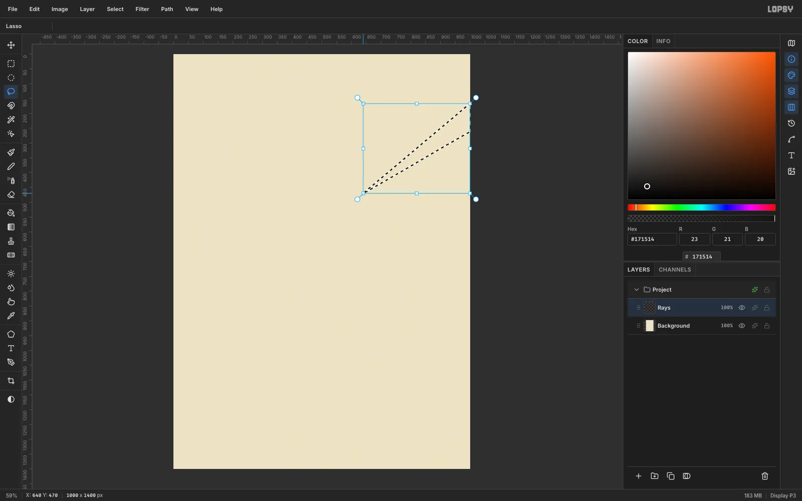 A thin triangular lasso selection fanning out from the middle of the canvas to its right edge