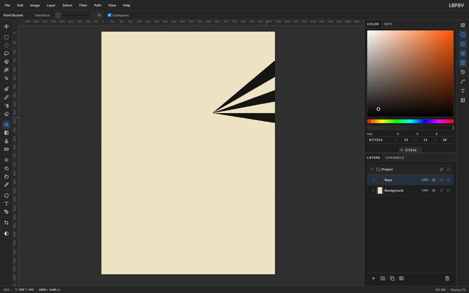 Three black wedge-shaped rays of different widths radiating from one point to the right edge of the canvas