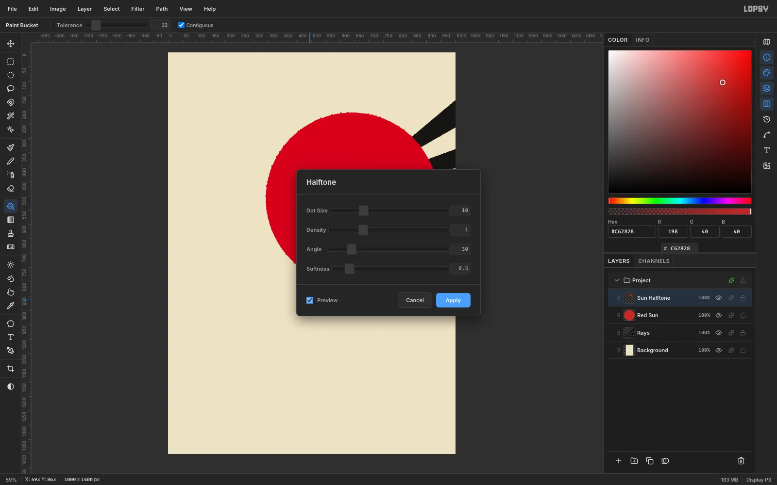 The Halftone filter dialog with Dot Size 10, Density 1, Angle 30 and Softness 0.5 previewing dots on the red disc