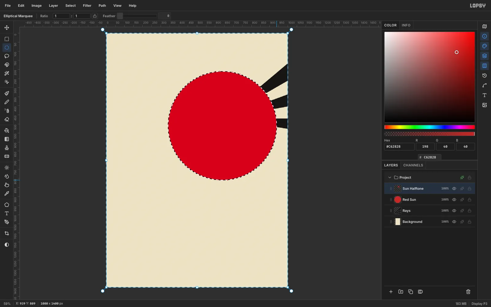 The whole canvas selected except a circle, after inverting a circular selection around the halftone disc