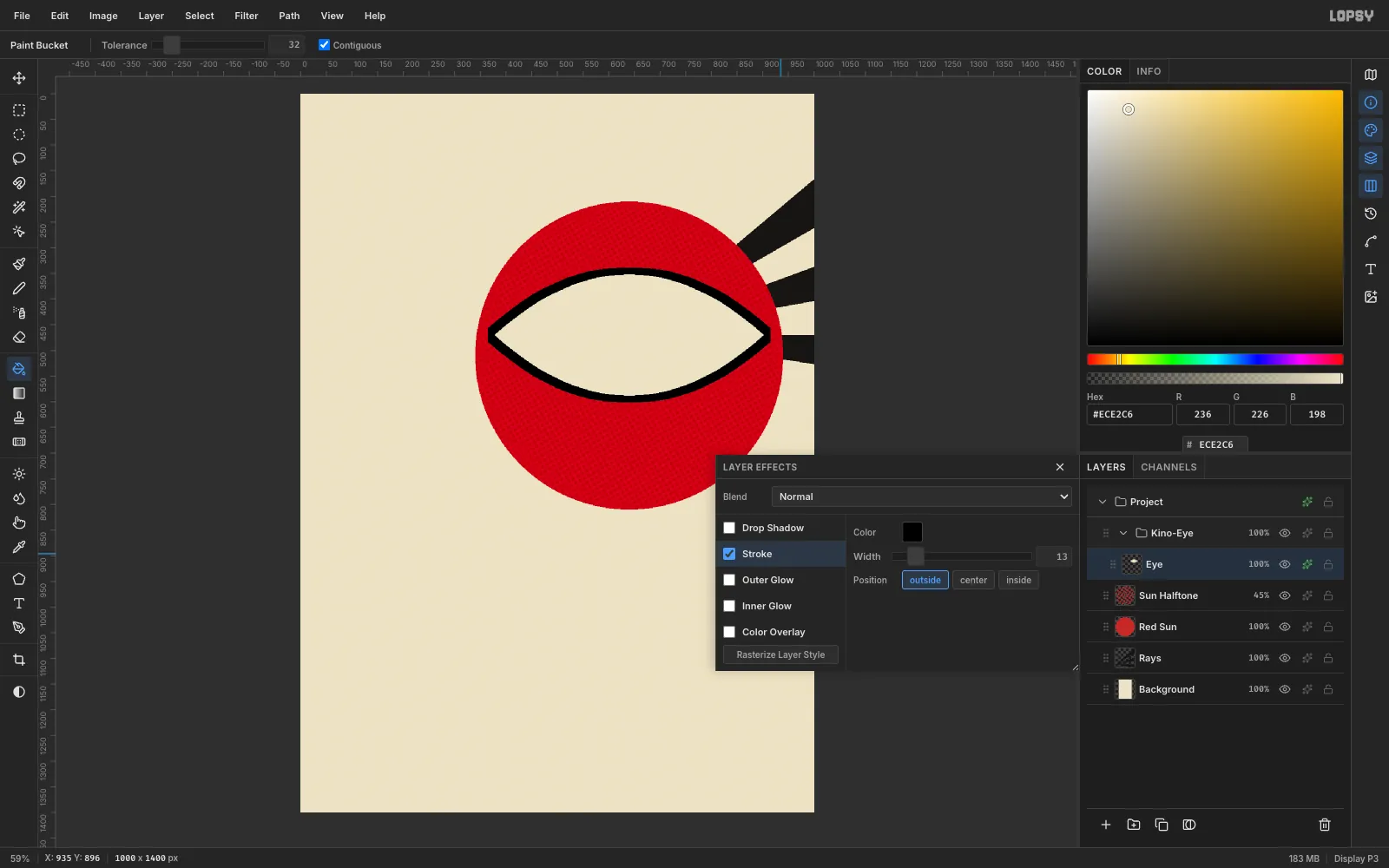 The Layer Effects panel with a black 13 pixel Stroke enabled around the cream eye shape