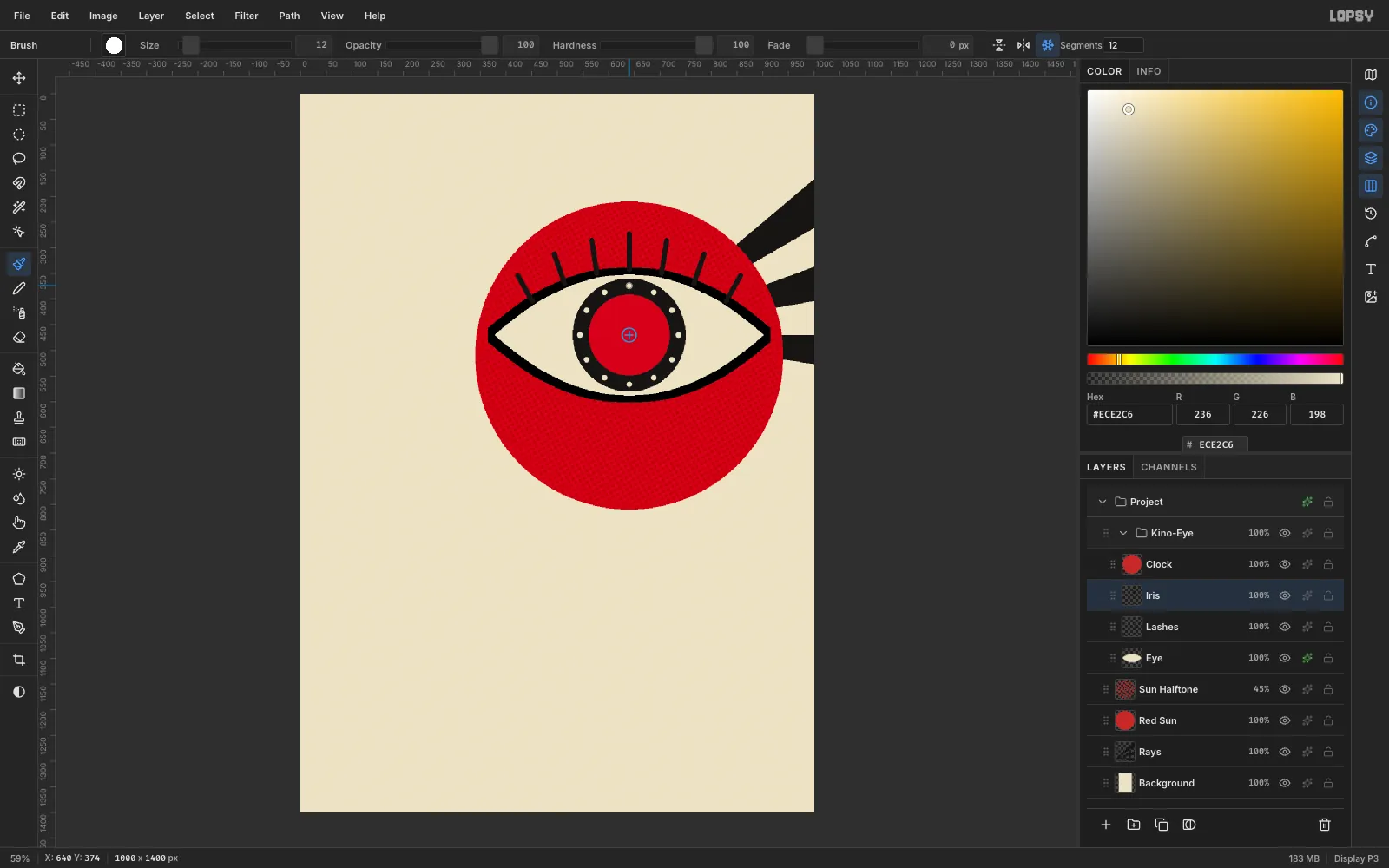 A black iris with a red clock face inside the eye, with twelve evenly spaced cream tick marks around the face