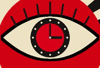 Close-up of the clock iris showing a thick black hour hand pointing to 3 and a thin minute hand pointing to 12