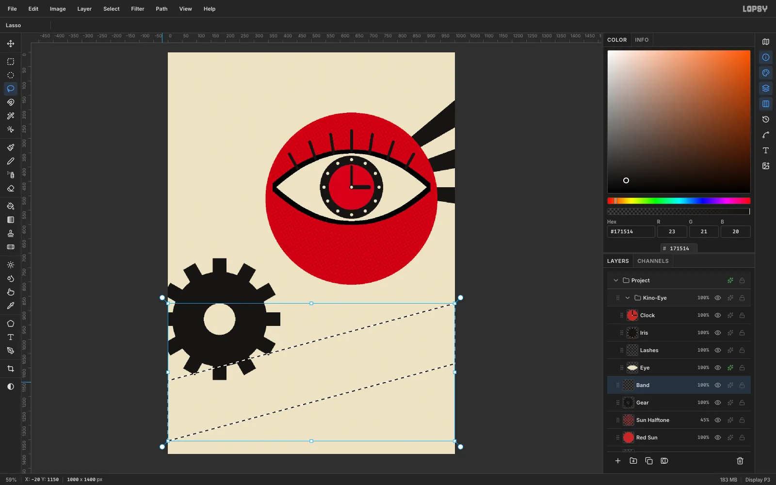 A long slanted lasso selection crossing the lower part of the cover from lower left to upper right, over the bottom of the gear