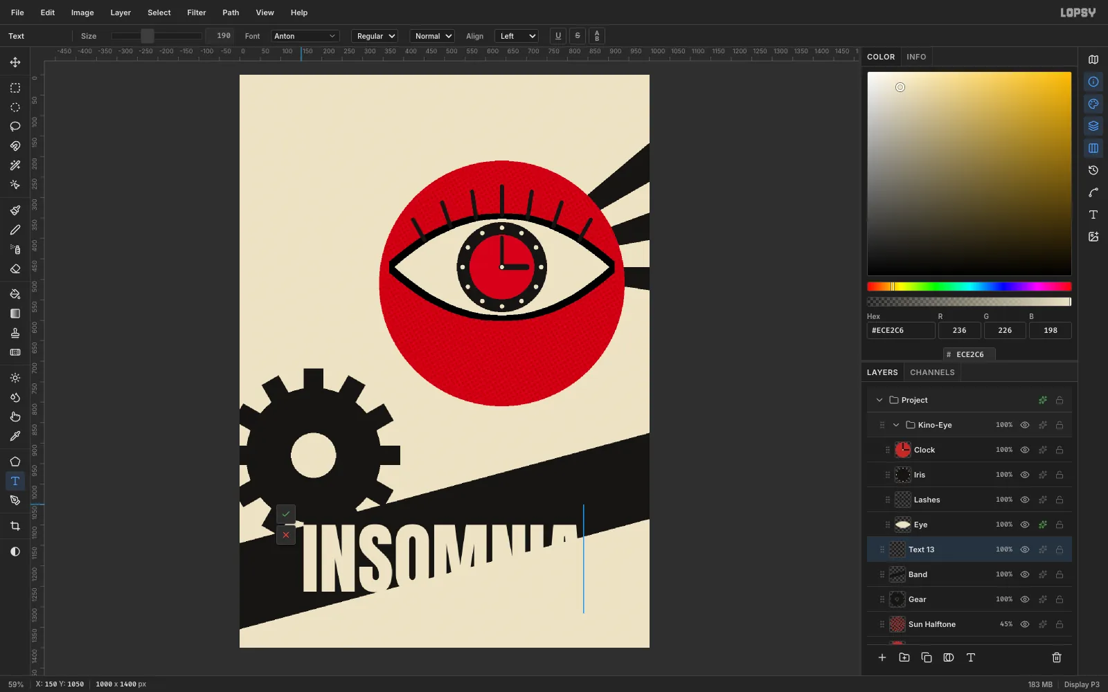 Cream Anton type reading INSOMNIA being typed straight across the black band