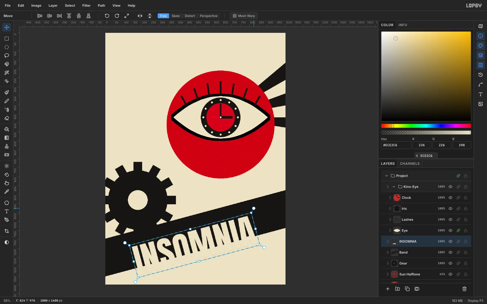 INSOMNIA inside a rotated rectangular selection with transform handles, turned about 15 degrees counter-clockwise