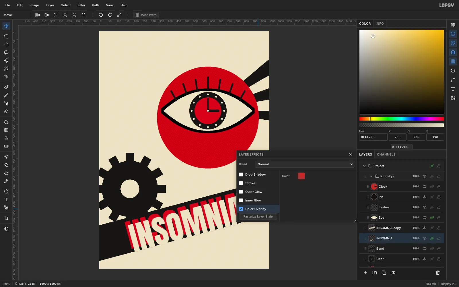 The Layer Effects panel with Color Overlay enabled in red on the lower INSOMNIA layer