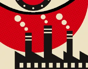 Close-up of small cream circles rising from each chimney top over the red sun