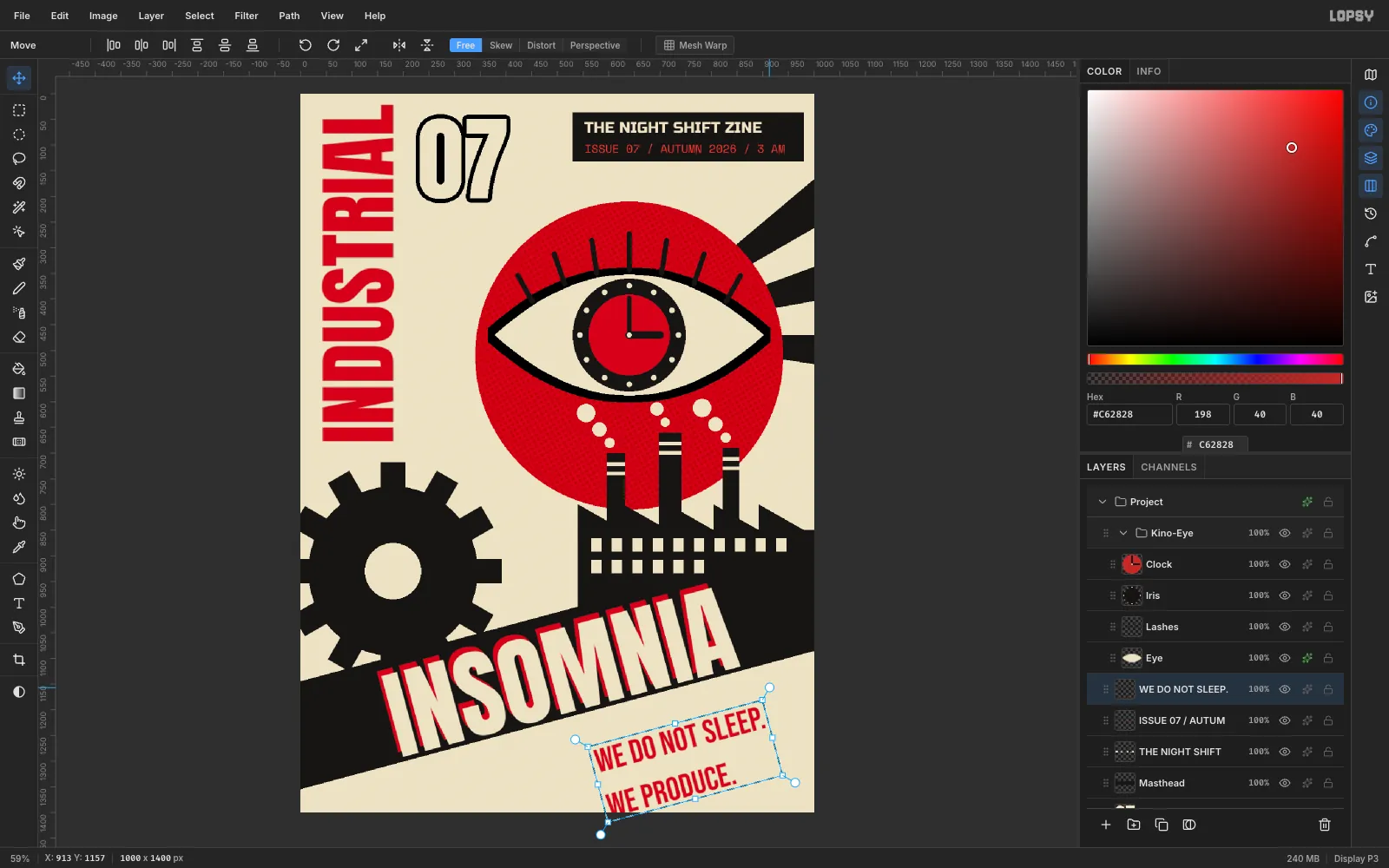 WE DO NOT SLEEP. WE PRODUCE. in red Bebas Neue inside rotation handles, turned to match the diagonal band