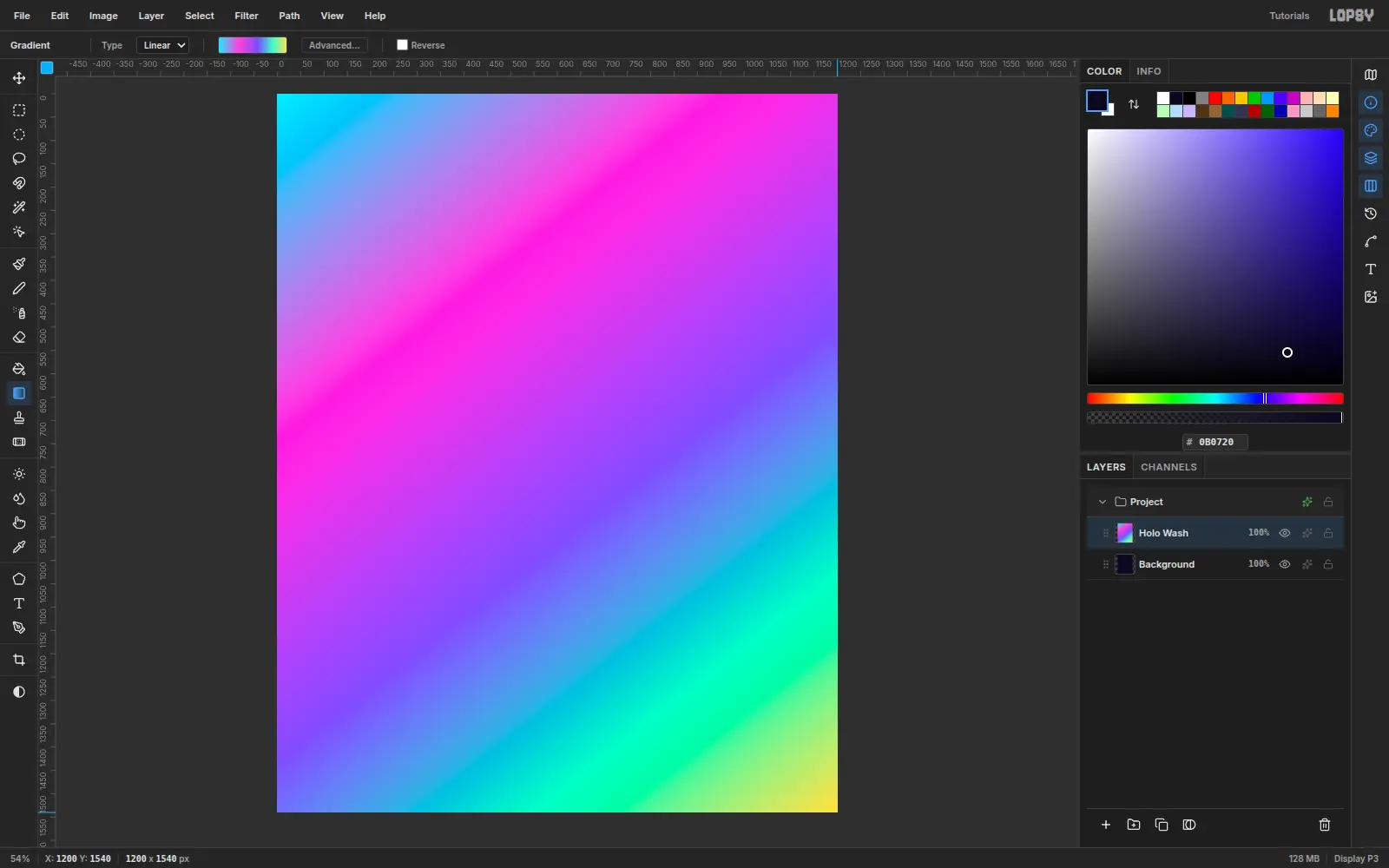 A 1200 by 1540 document filled with a diagonal cyan, magenta, violet, mint and yellow gradient above an ink Background layer