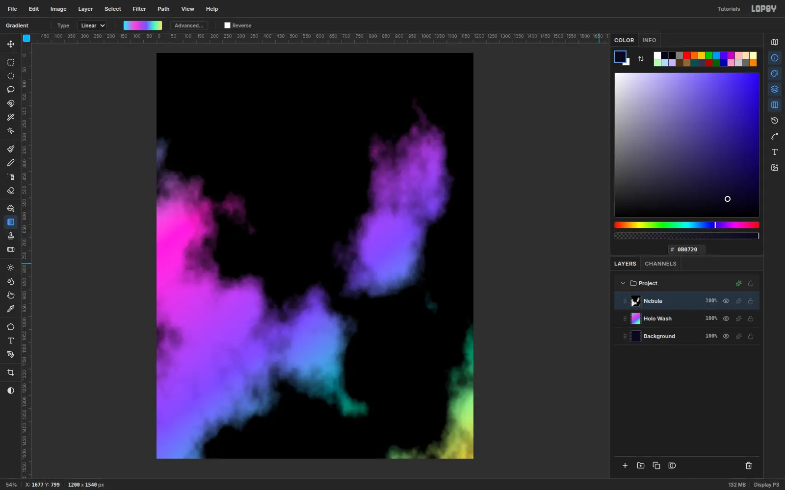 Soft rainbow clouds drifting through a mostly black canvas, with the Nebula layer set to Multiply