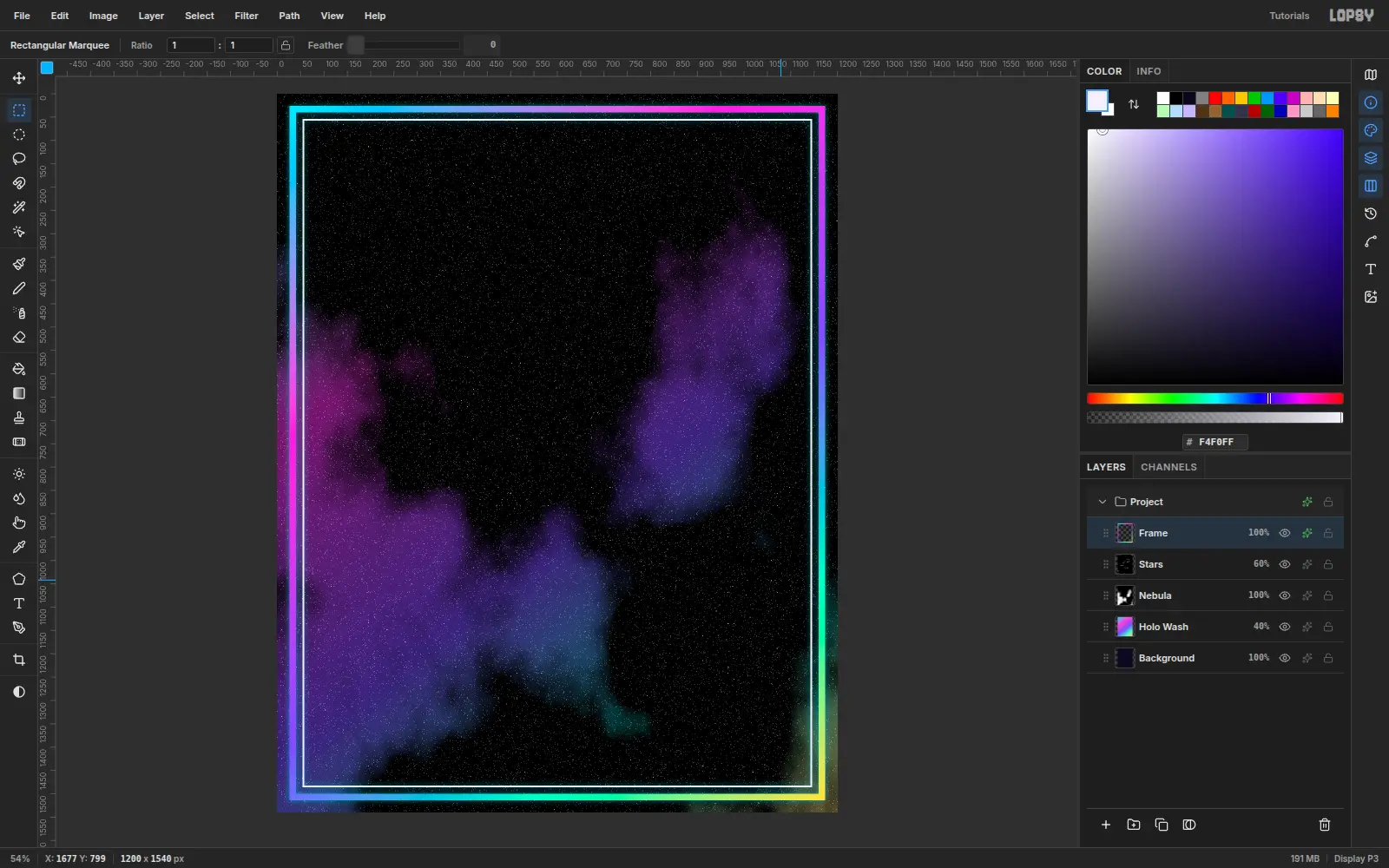 A rainbow foil border band inset from the canvas edge with a thin white rule just inside it and a cyan glow