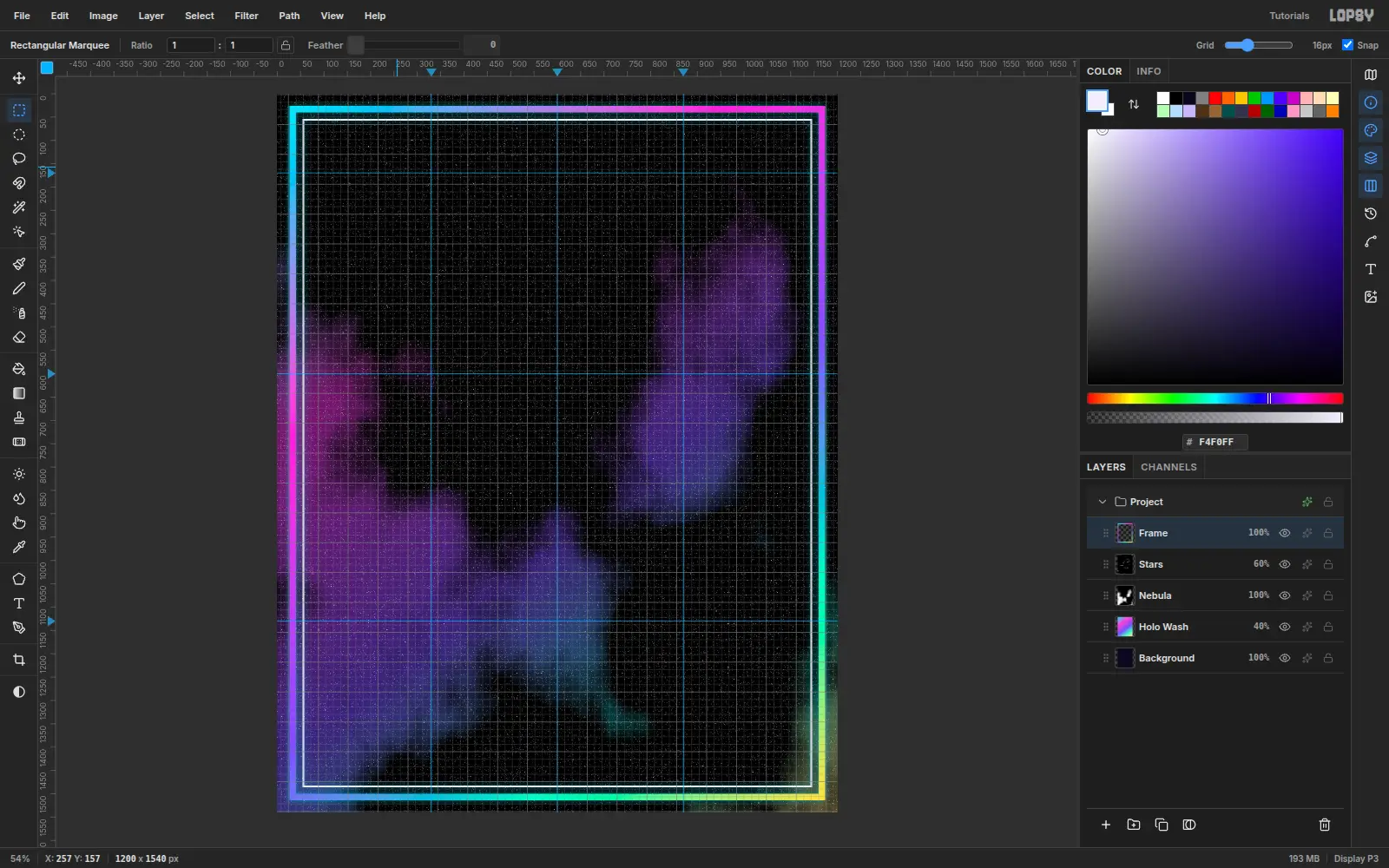 Blue guides at x 330, 600 and 870 and y 170, 600 and 1130 over the bordered sheet, with the 8 pixel grid showing