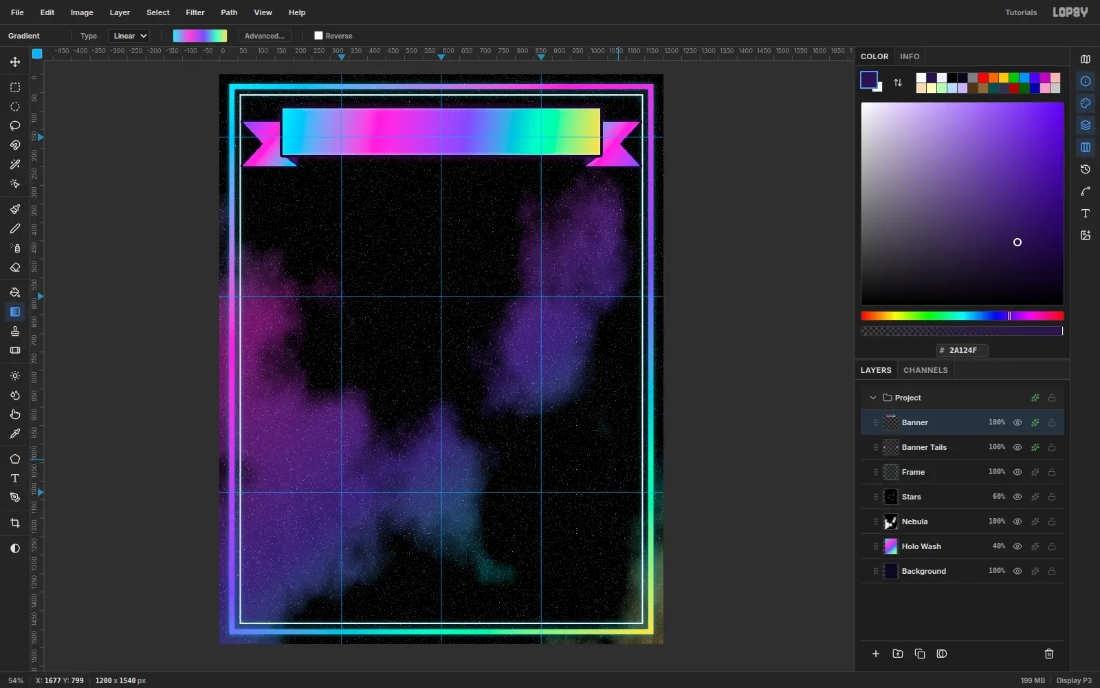 A holographic banner band across the top joining the two tails, with a dark outline and a soft pink glow